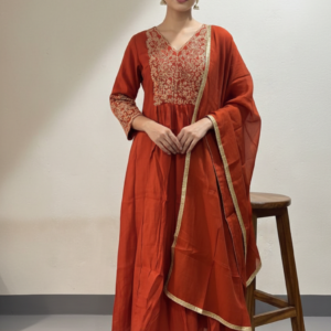 burnt orange chanderi designer 3pc set