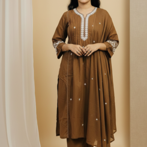 brown mulmul cotton dupatta set