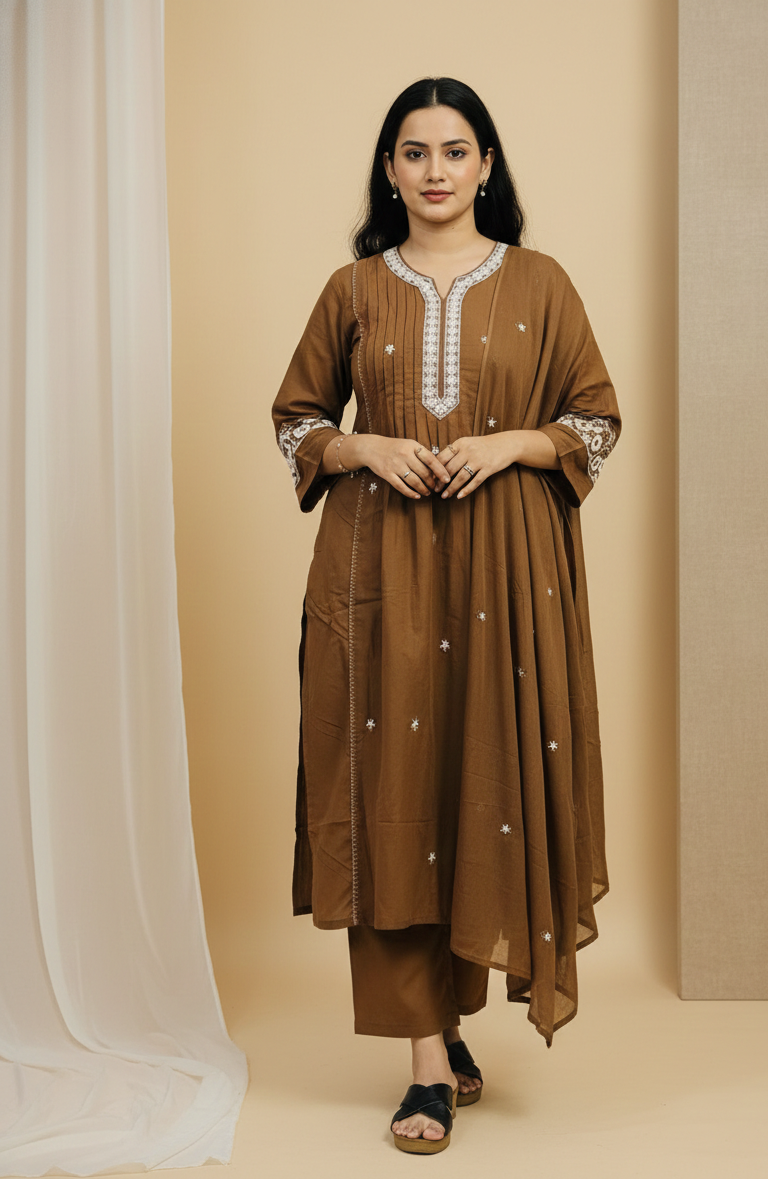 Brown mulmul cotton dupatta set brown mulmul cotton dupatta set