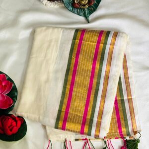 pink and gold mulcotton onam saree