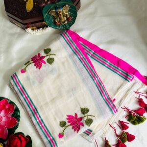 pink and gold mulcotton onam saree